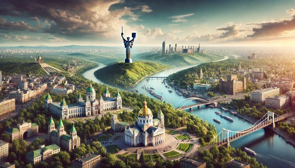 DALL·E 2024-12-10 15.41.14 – A photorealistic wide panorama of Ukraine, showcasing iconic landmarks like the Carpathian Mountains, Kyiv’s Motherland Monument, Lviv’s historical ar